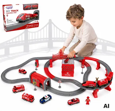 Imagen del producto de Woopie Tren Eléctrico Vagón Pista Bomberos Helicóptero Coches 92 Piezas.