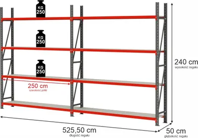 Zdjęcie produktu dla Regał magazynowy metalowy zestaw dwa moduły 8-półkowy Mega-M FORTIS 525,5x50x240cm