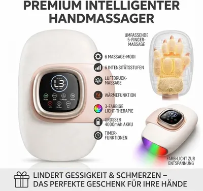 Immagine prodotto di Massaggiatore elettrico per le mani con compressione 3D e funzione riscaldante, wireless, con luci LED, ideale per contrastare intorpidimento e dolori articolari, colore nero