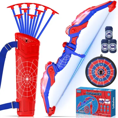 Produktbild von Lubolee Pfeil und Bogen Kinder Set mit LED Licht, Outdoor Spielzeug ab 3 4 5 6 7 8 9 10 11 12 Jahre Jungen, Outdoor Spiele für Kinder mit Bogen, Köcher, 10 Pfeilen, Hängeziel und 3 Schaumstoffzielen
