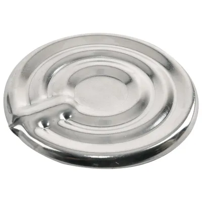 A silver-colored metal insert with concentric circles and a small opening on one side, presented on a white background.