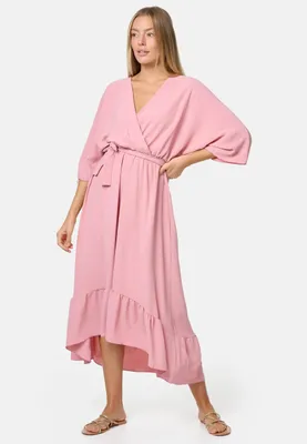 Produktbild von Rayshyne Damen Midi Strand Sommerkleid Optik Wickelkleid PM25 Rosa Einheitsgröße Gr. 34 - 38