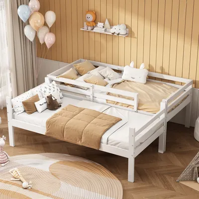 Obrázek produktu pro Patrová postel 90x200 cm, podkrovní postel s žebříkem a ochranou proti vypadnutí, postel rozdělená na 2 samostatná lůžka, patrová postel z masivního dřeva s roštovým rámem, bílá barva