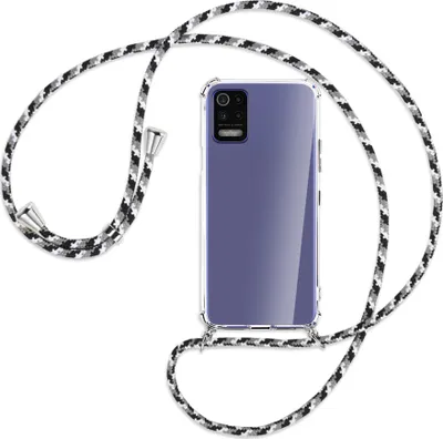 Produktbild von Handykette Backcover-Schutzhülle mit Band (Metall silberfarben) für LG K52 / K62 / Q52 - schwarz/grau/weiß