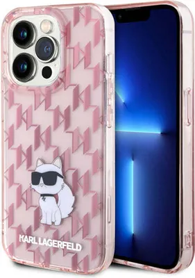 A pink Karl Lagerfeld iPhone 15 Pro Max case with a Choupette cat graphic and monogram pattern, shown next to the phone.