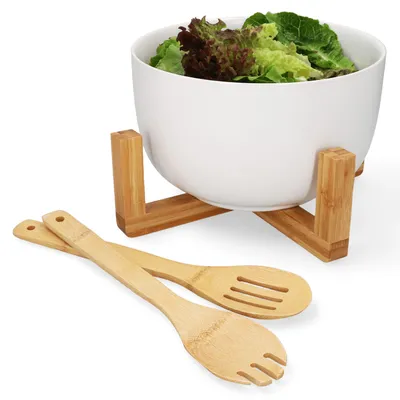 Produktbild von 4-tlg Salat-Schüssel Set groß 3,5L Servier-Schale + Bambus-Besteck + Ständer