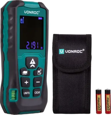 A Vonroc laser distance measurer, its carrying pouch, and two batteries are displayed on a white background.
