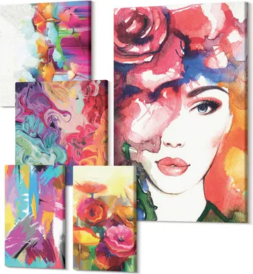 Obrázek produktu pro Obrazy Na Plátně – 5-Dílná Sada – Polycanvas – Moderní Obrazy – Dekorace Na Zeď – Do Obývacího Pokoje – Abstraktní Obrazy – 2x 30x30 cm + 2x 20x30 cm + 1x 40x60 cm – Barevné abstrakty a portréty v moderním stylu
