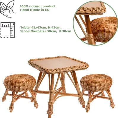 Produktbild von BOGATECO Ékologisches Kinder-Weidenmäbelset: Tisch und 2 Hocker, Robust und Sicher, Ideal f_r Haus und Garten