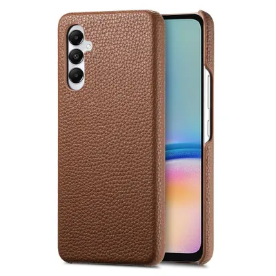 A brown leather phone case for a Samsung Galaxy A05s is shown on a white background.