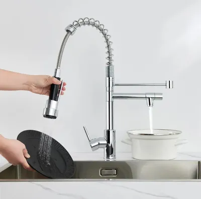 Image de Robinet de cuisine haute pression, chromé, avec 2 becs, ressort spiral, douchette extractible, 2 types de jets, pivotant à 360°