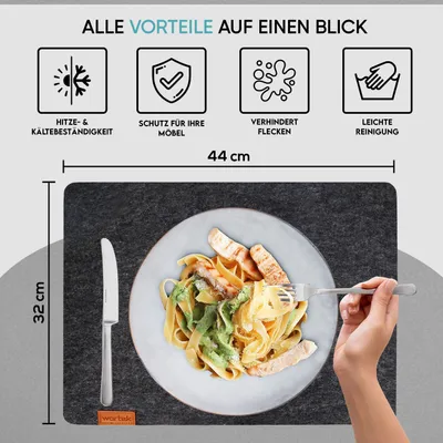 Produktbild von wortek Filz Platzset 6er Set Tischset 44cm x32cm + Filz-Untersetzer 10er Set Katze inkl. Aufbewahrungsbox