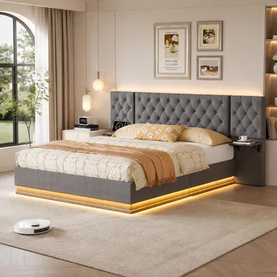 Immagine prodotto di Letto imbottito INONEFT 160x200 con LED e USB, letto matrimoniale con sistema di sollevamento idraulico, ampia testiera e rete a doghe, ideale per ragazzi, colore grigio lino, Immagine generata dall'IA