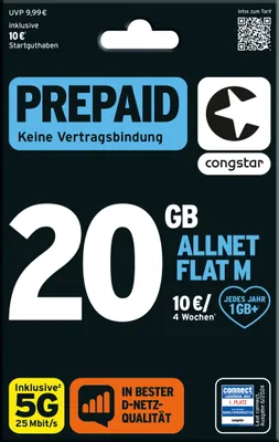 Produktbild von congstar Prepaid Allnet M: 20 GB Datenvolumen & Flatrate für Telefonie und SMS, 5G-Speed, EU-Roaming