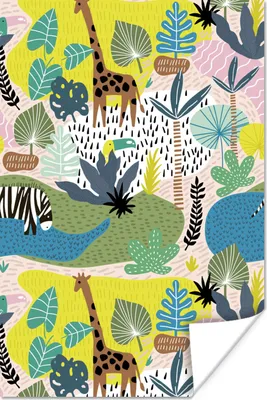 Produktbild von MuchoWow® Poster Dschungel - Muster - Tiere - Pflanzen 120x180 cm - Kunstposter