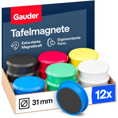 Productafbeelding van Zelfklevende magneten voor whiteboard en koelkast - Ronde tafelmagneten voor kantoor, school en huis (31 x 10 mm - 12 stuks - kleurrijk)