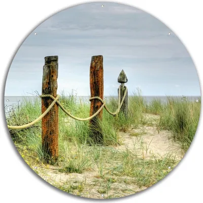 Produktbild von Wallario rundes Outdoor-Poster für Garten oder Balkon, Motiv Düne am Strand mit Holzpfahl, 60 cm Durchmesser
