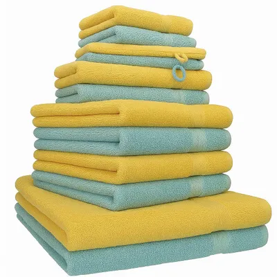 Produktbild von Betz 12-tlg. Handtuch-Set PREMIUM 2 Duschtücher 4 Handtücher 2 Gästetücher 2 Seiftücher 2 Waschhandschuhe  Farbe: honiggelb / ocean