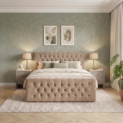 Produktbild von ELVORA DESIGNE Boxspringbett 180x200 cm ROYALCHESTER mit Bonellmatratze H3 & Topper, 2 Bettkästen, Hellbraun, KI-generiertes Bild