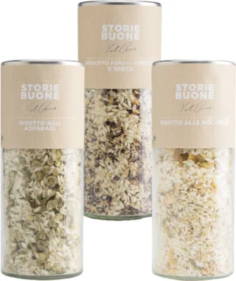 Produktbild von ValGiò Risotto-Verkostung Gourmet-Geschenkidee mit Haselnuss-Risotto 400 g, Spargel-Risotto 400 g, Speck- und Steinpilz-Risotto 400 g., 400gr, 400gr, 400gr