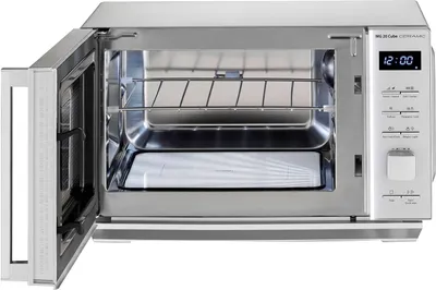 An open microwave oven with a grill rack inside, shown against a white background.
