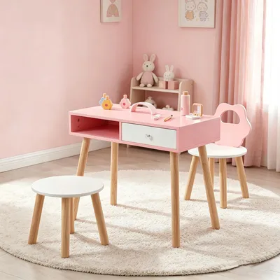 Produktbild von KOMFOTTEU Schminktisch Kinder, Maniküretisch mit Stuhl & Hocker, Frisiertisch aus Holz, Nageltisch mit Lidschatten, Make-up-Pinsel, Nageltrockner & 3 Nagellacken, Nagelstudio-Rollenspiel für Mädchen ab 3