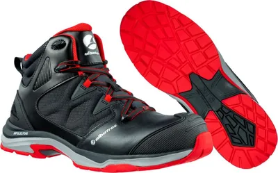 A pair of black and red Albatros S3 safety shoes, with one shoe shown from the side and the other from the sole.