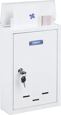 A white mailbox with a key and some letters inside.