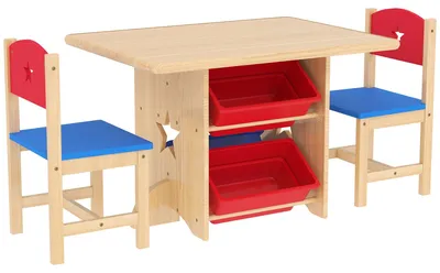 Immagine prodotto di Set Tavolo e Sedie per Bambini con 4 Contenitori per Giochi in Legno e PP