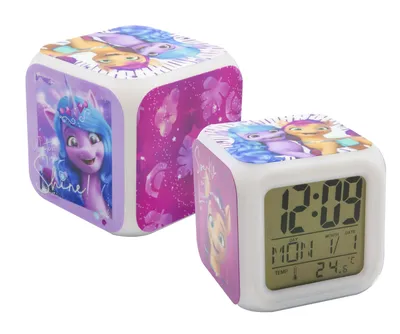 Two cube-shaped alarm clocks with My Little Pony characters printed on them, displayed on a white background.