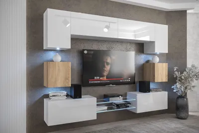Produktbild von Furnitech Wohnwand Wohnzimmer - Wohnzimmer Möbel mit LED Blau - Hängend Wohnwand Modern - Wohnzimmer Schrankwand mit Regale und TV Schrank (Nowara ANX1-17WS-HGM-30-1A)
