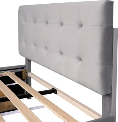Produktbild von Sweiko Polsterbett 140*200cm, Klassisches Bett mit Schublade & Lattenrost & Rückenlehne, Doppelbett Bettgestell hautfreundlicher Samtstoff Beige (ohne Matratze)