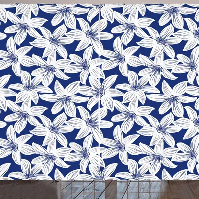 Produktbild von ARANDE Marine Gardine, Tropische Hibiskus Hawaiianische Blumen Exotisches Wiederholendes Muster, 280 x 245 cm, Weiß Dunkelblau
