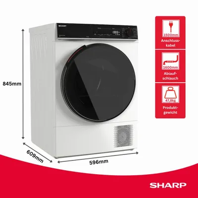 Produktbild von SHARP KD-WNHB9S9GWB-DE Wärmepumpentrockner 9 kg, Energieeffizienzklasse B, WiFi, BubbleDrum, LED-Trommelbeleuchtung, 15 Trockenprogramme, Frontlader, Weiß