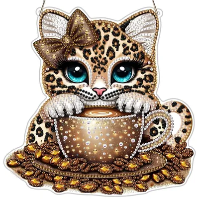 Produktbild von Diamond Painting Anhänger Niedlicher Cartoon Leopard mit Kaffee Fensterdeko Hängend Ornament Bastelset Geschenk Kinder