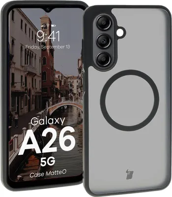 Produktbild von Bizon Case MatteO Magnetische Ringhülle für Galaxy A26 5G, halbtransparent mit schwarzem Rahmen