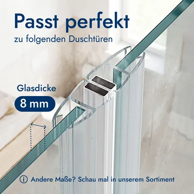 Produktbild von Bagnoxx 2m Duschdichtung, Magnet Dichtung für Duschkabine im Bad, 8mm Glasstärke, 180 Grad, transparent, magnetische Duschtürdichtung für die Glastür der Dusche im Badezimmer