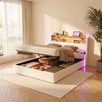 Produktbild von INONEFT Boxspringbett 140x200 cm mit LED und USB, Polsterbett Stauraumbett mit Bettkasten,Bett mit Stauraum-Kopfteil, Bettgestell mit Lattenrost, PU