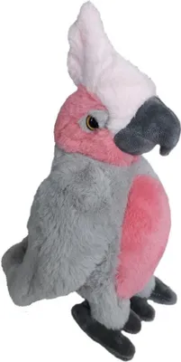 A plush toy parrot, specifically a pink and gray cockatoo, is shown against a white background.