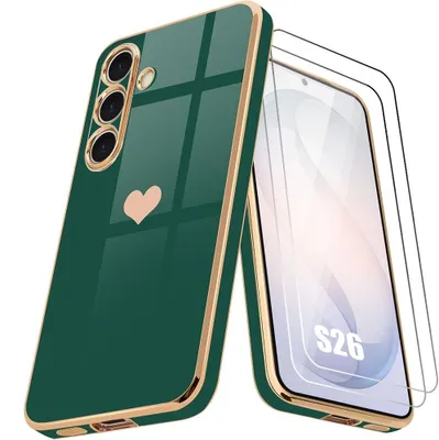 Image de Coque + 2 Verres Trempés pour Samsung Galaxy S26, Silicone avec Motif Cœur Protection Antichoc Slim Vert Nuit