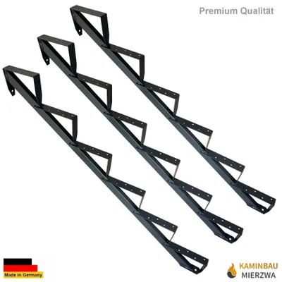 Three black metal stair stringers are arranged diagonally on a white background.