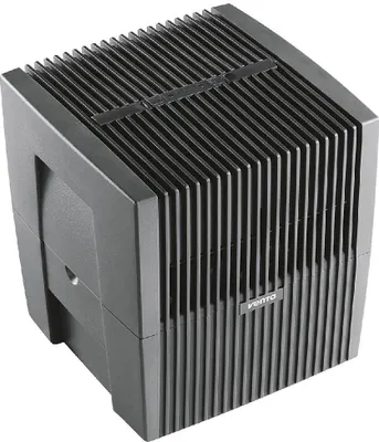 A dark gray air purifier with vertical slats on the front and top.