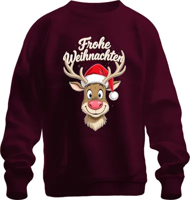 Produktbild von Frohe Weihnachten Rentier Niedlich Cartoon Weihnachtsmütze Lustig Uni Sweatshirt Pullover, Burgundy, 3XL