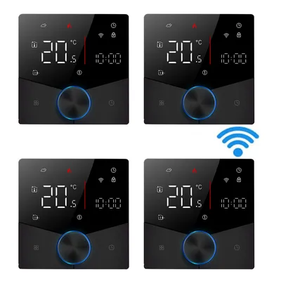 Produktbild von 4X Smart Tuya WiFi-Thermostat, Digital LED Raumthermostat Sprachsteuerung Wandthermostat fuer 3A Kesselheizung Fussbodenheizung mit dimmbarer Lichtfarbe programmierbarer kompatibel mit Tmall Genie, Amazon Google Home,Schwarz