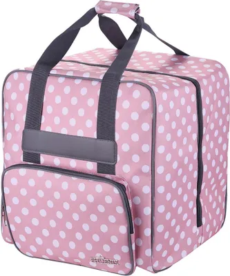 A pink polka dot sewing machine bag with gray handles and accents.