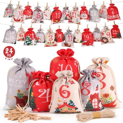 Immagine prodotto di Calendario dell'Avvento da riempire 2024, set di 24 sacchetti in tessuto fai da te, decorazione natalizia festosa