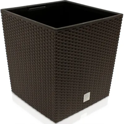 Produktbild von DEUBA® Blumentopf 35L 32x32x33cm Rato Low Innentopf Mit Griffen Wetterfest Rattanoptik Pflanzkasten Übertopf Pflanzkübel Blumenkasten Quadratisch Umbra