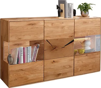 Produktbild von Wohnzimmer Sideboard Vitrine mit 150 cm Breite in Eiche Massivholz, Vitrinentüren - WESTON-69