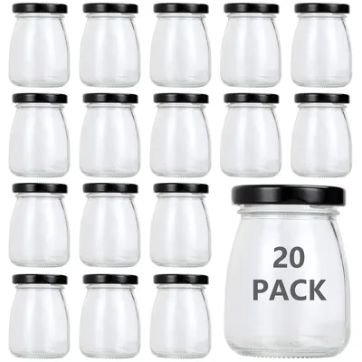 Productafbeelding van Yoghurtbekers 100 ml - 20 stuks - Glazen containers - Mini flesjes - Geschikt voor voedsel - Zwarte deksels - Antislipbodem - Inmaakpotjes