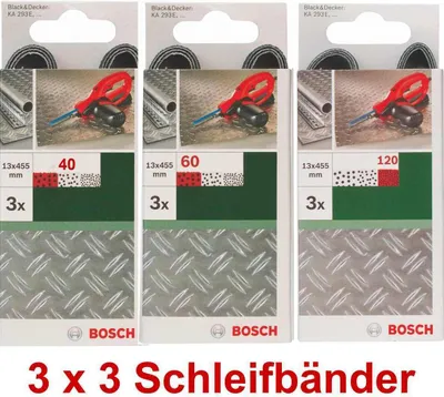 Produktbild von Bosch 3 x 3 Schleifbänder für B+D Powerfile KA 293E 13 x 451 mm, 40,60,120, Metall